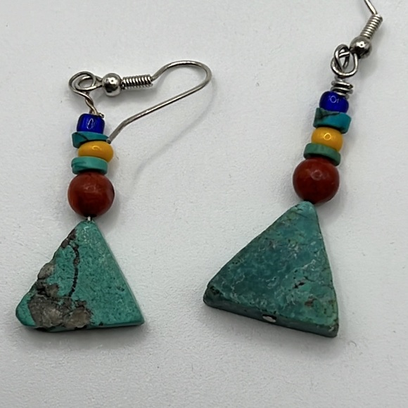 TURQUOISE, SPONGE CORAL, AND GLASS BEAD EARRINGS WITH STERLING SILVER HOOKS - Picture 5 of 6